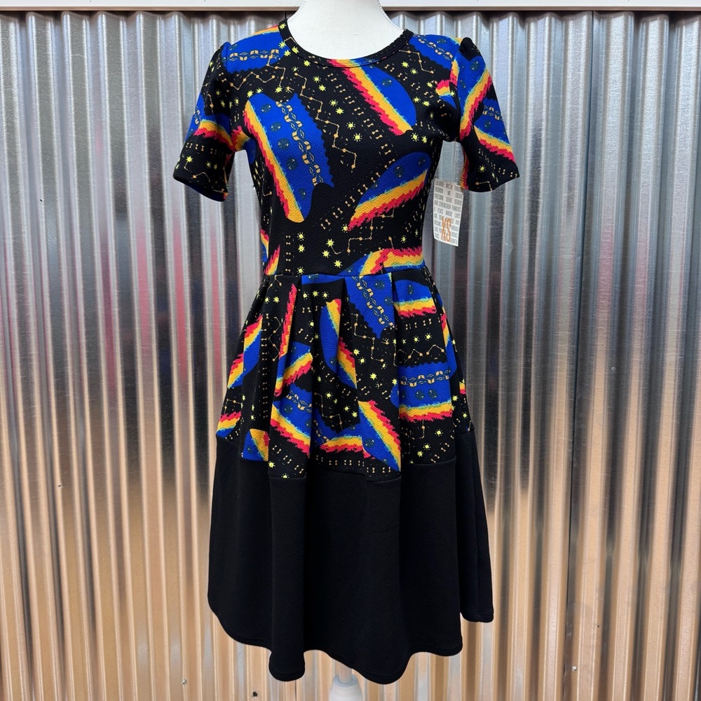 NWT Black and Multicolor Circle Skater Pleated Dress Amelia Celestial LuLaRoe XS